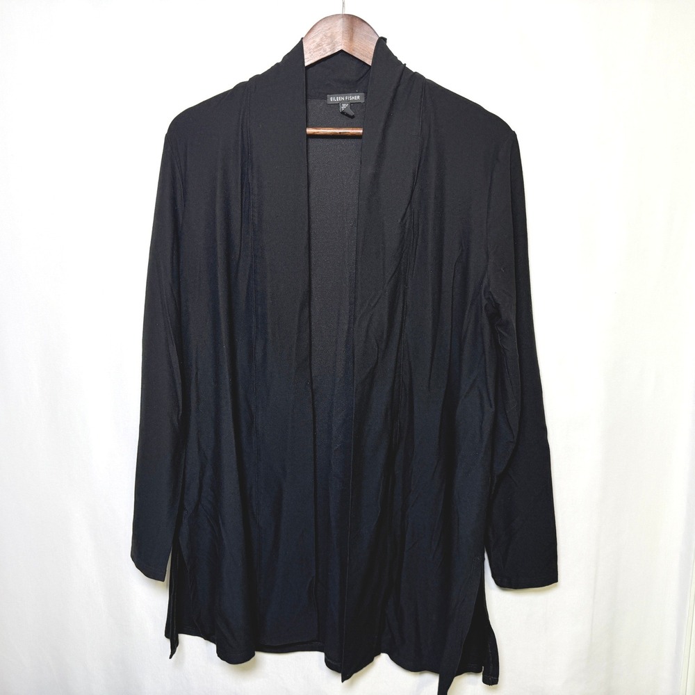 Eileen Fisher Womens Large Black Open Front Cardigan Shawl Collar Jersey Knit LG